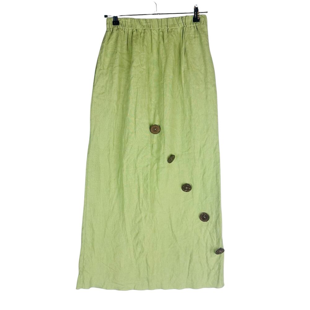 What's Up Womans Small Skirt Linen Green Pull On Button Lagenlook Stretch Waist